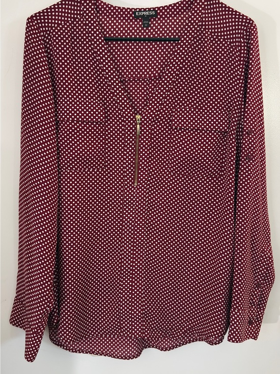 Express Tops - Express Burgundy Polka Dot Zip-Front Blouse Large